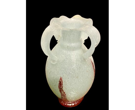 Pulegoso glass vase with four handles. Manufactured by Emanuel Beranek. Czech Republic.