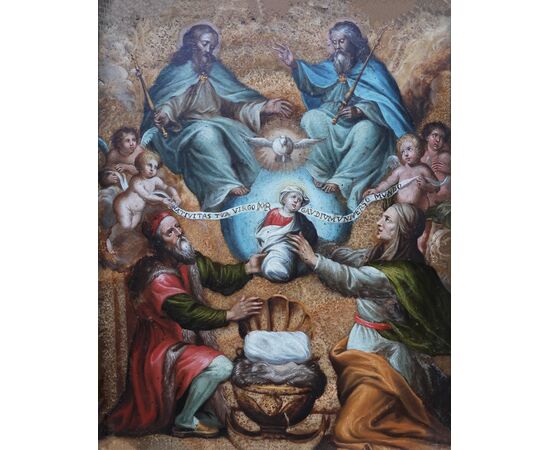 Philip Fruytiers attr., Antwerp 1610 - Antwerp 1666; Saint Joachim and Saint Anne offer the Child Mary to the Holy Trinity, oil on alabaster