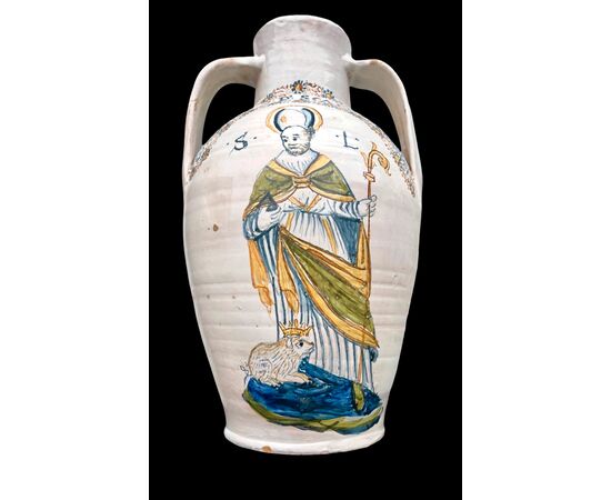 Grande vaso biansato in maiolica compendiaria con figura di San Lazzaro.Castelli d’Abruzzo.