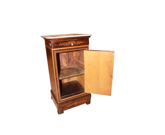 French Charles X style bedside table with marble top and inlays, 19th century