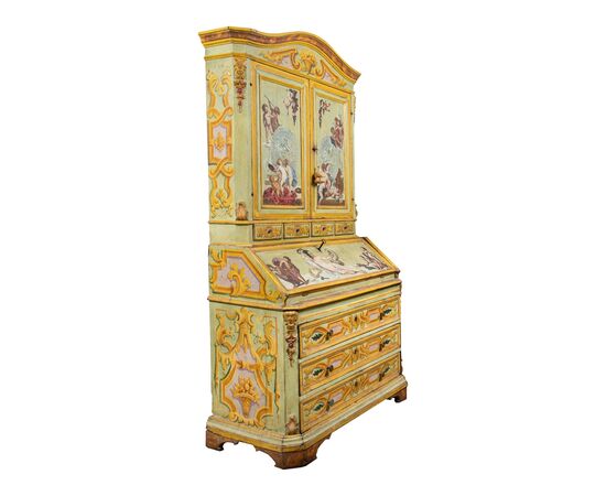 Two-body trumeau in lacquered and painted wood. Rome, 18th century.