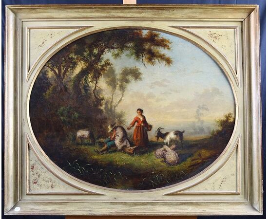 Antique French painting from the 1800s, oil on oval panel with pickled lacquered frame, shepherd with lady and flock.