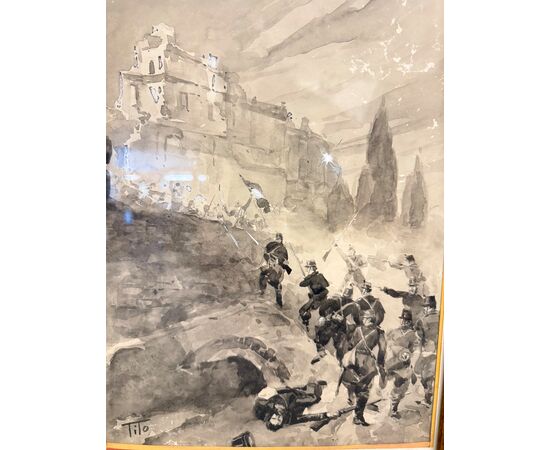 Acquarello Tito Ettore, XIX sec, risorgimento - Assedio Villa del Vascello Roma - 47x38 cm