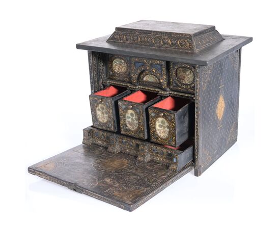 Ebonized wood coffer decorated in damascene style with mother-of-pearl inlays, Venice, 16th century.