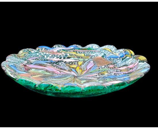 Heavy green submerged glass centerpiece bowl, 'Byzantine' type. A.Ve.M. Murano.