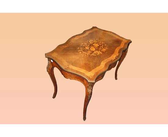 Tavolo da salotto scrittoio Luigi XV del 1800 riccamente intarsiato