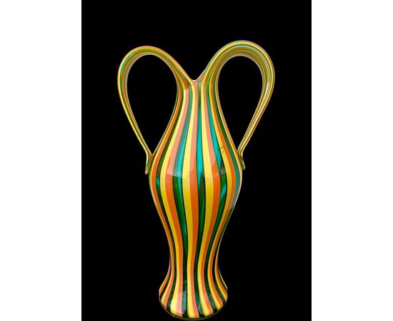 Glass vase with two handles and vertical bands. Salviati. Murano.