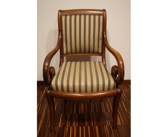 Beautiful French mahogany armchair from the 1800s, Directoire style, with striped fabric.