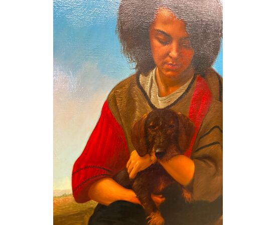 Olio su tela, ragazza e cagnolino 1987 Giancarlo Pignataro, 98x82cm
