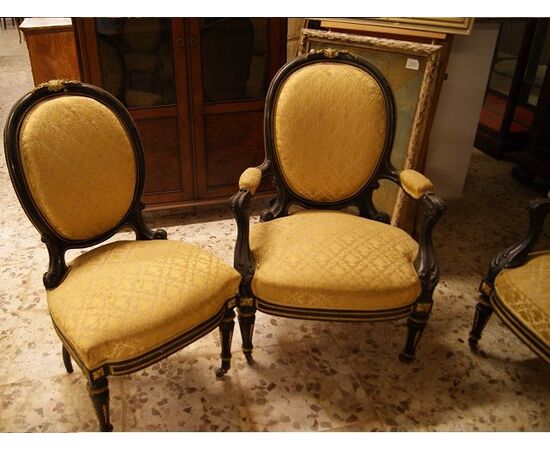 Antique French living room from the 1800s, Louis XVI style, 5 pieces with rich mercury-gilded bronze applications.