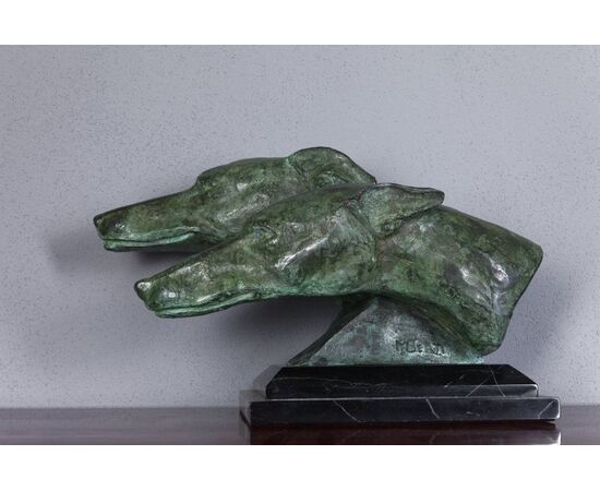 Due testa di levrieri in bronzo, Art Deco