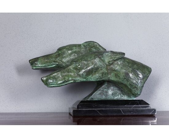 Due testa di levrieri in bronzo, Art Deco
