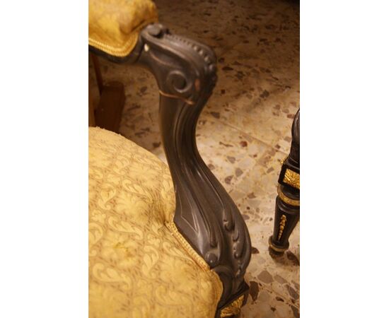 Antique French living room from the 1800s, Louis XVI style, 5 pieces with rich mercury-gilded bronze applications.