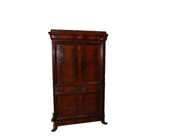 Grande secretaire Biedermeier della seconda metà del 1800 in piuma di mogano