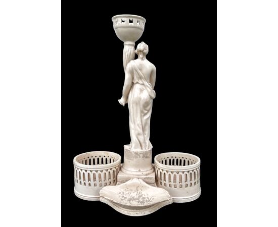 Earthenware oil cruet with a neoclassical figure-shaped handle. Venetian manufacture.