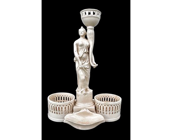 Earthenware oil cruet with a neoclassical figure-shaped handle. Venetian manufacture.