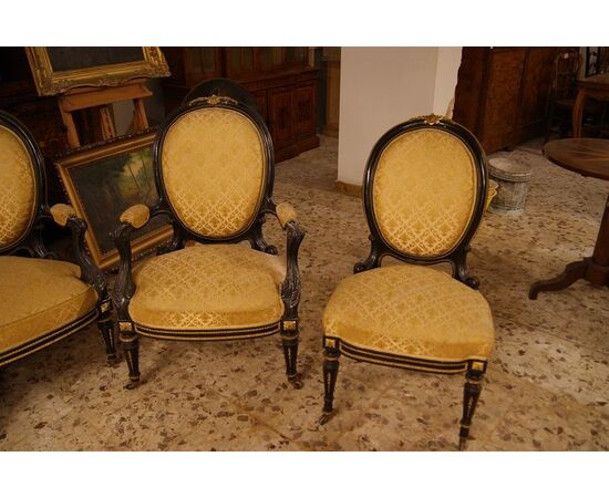 Antique French living room from the 1800s, Louis XVI style, 5 pieces with rich mercury-gilded bronze applications.