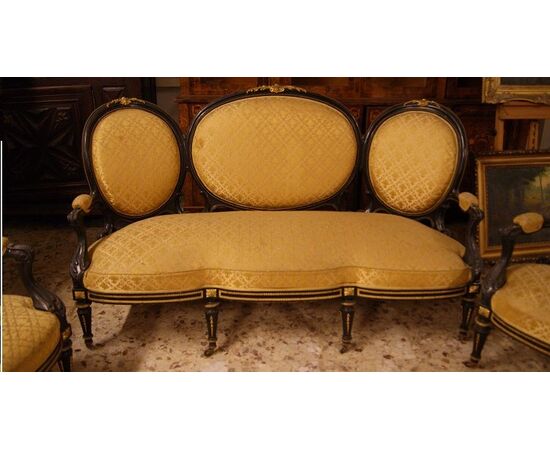 Antique French living room from the 1800s, Louis XVI style, 5 pieces with rich mercury-gilded bronze applications.