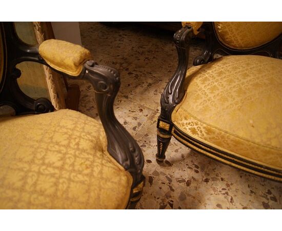 Antique French living room from the 1800s, Louis XVI style, 5 pieces with rich mercury-gilded bronze applications.