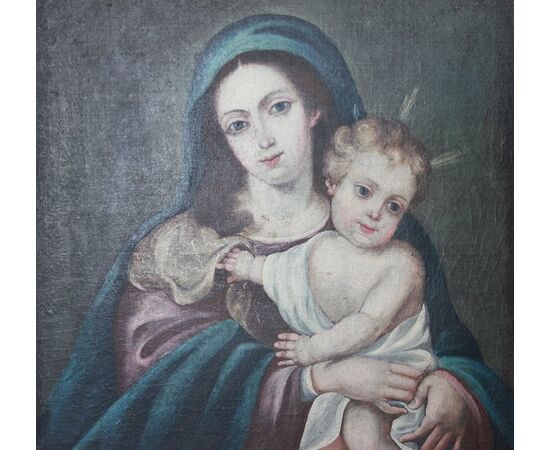 Early 1800s Spanish oil on canvas depicting the Madonna and Child Jesus
