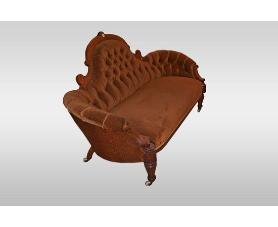 English Victorian style burr veneer sofa from the 1800s with inlays
