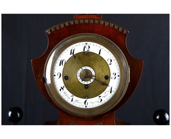 Antique 1800s Biedermeier wooden table clock with inlays