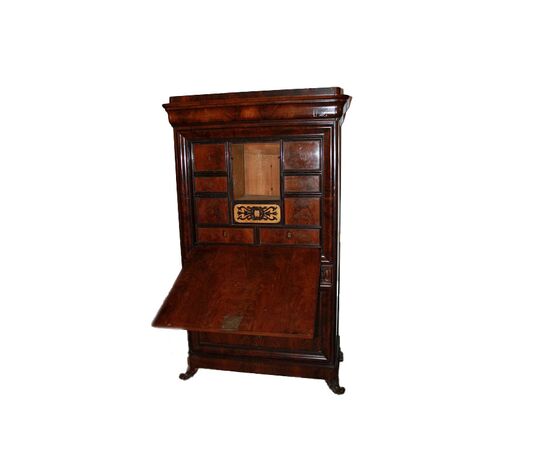 Grande secretaire Biedermeier della seconda metà del 1800 in piuma di mogano