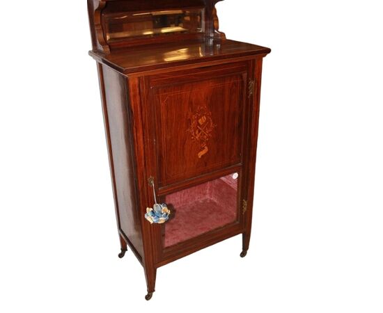 Vetrinetta bassa vittoriana della seconda metà del 1800 in palissandro con intarsi e alzatina con specchio