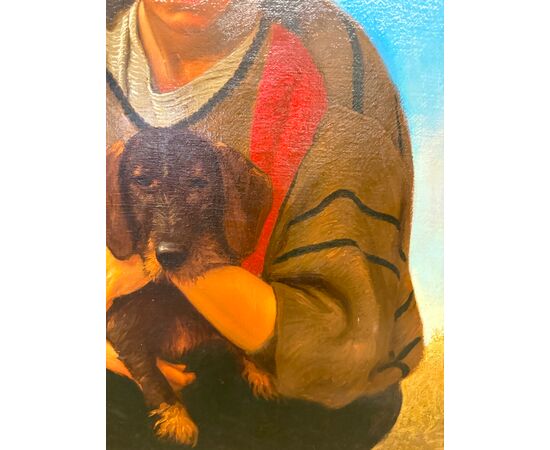 Olio su tela, ragazza e cagnolino 1987 Giancarlo Pignataro, 98x82cm