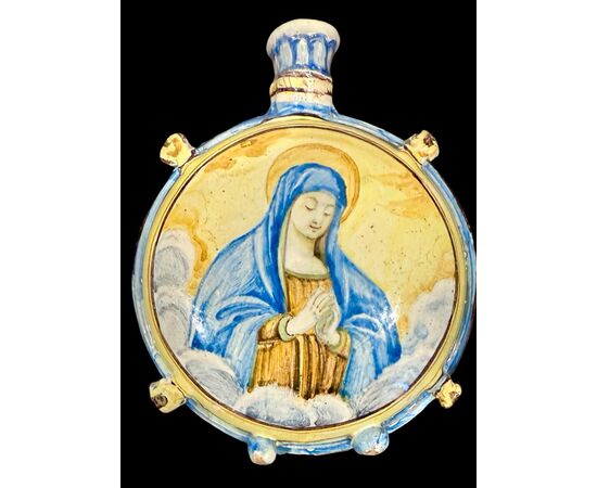 Majolica pilgrim flask with depiction of Saint Anthony of Padua and Madonna. Castelli d'Abruzzo, Gentilì workshop.