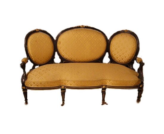 Antique French living room from the 1800s, Louis XVI style, 5 pieces with rich mercury-gilded bronze applications.
