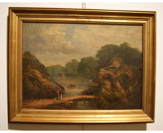 Oil on canvas, rural landscape with figures and waterway