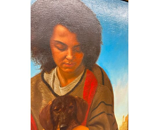 Olio su tela, ragazza e cagnolino 1987 Giancarlo Pignataro, 98x82cm