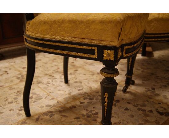 Antique French living room from the 1800s, Louis XVI style, 5 pieces with rich mercury-gilded bronze applications.