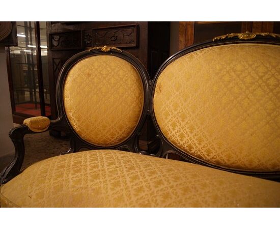 Antique French living room from the 1800s, Louis XVI style, 5 pieces with rich mercury-gilded bronze applications.