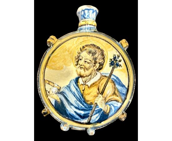 Majolica pilgrim flask with depiction of Saint Anthony of Padua and Madonna. Castelli d'Abruzzo, Gentilì workshop.