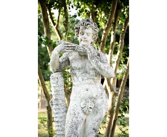 Putto with flute – Art Nouveau sculpture in grit, 1930s