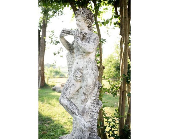 Putto with flute – Art Nouveau sculpture in grit, 1930s
