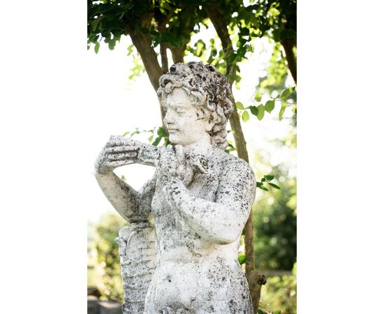 Putto with flute – Art Nouveau sculpture in grit, 1930s