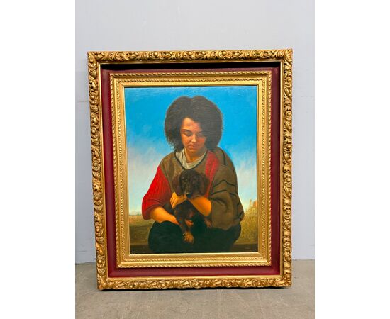 Olio su tela, ragazza e cagnolino 1987 Giancarlo Pignataro, 98x82cm