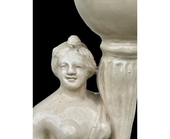 Earthenware oil cruet with a neoclassical figure-shaped handle. Venetian manufacture.