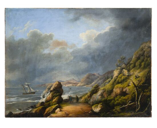 19th-century French School "Seascape with sailboat and figures"