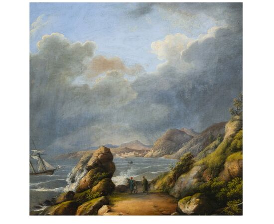 19th-century French School "Seascape with sailboat and figures"