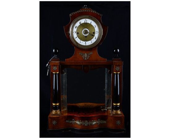 Antique 1800s Biedermeier wooden table clock with inlays