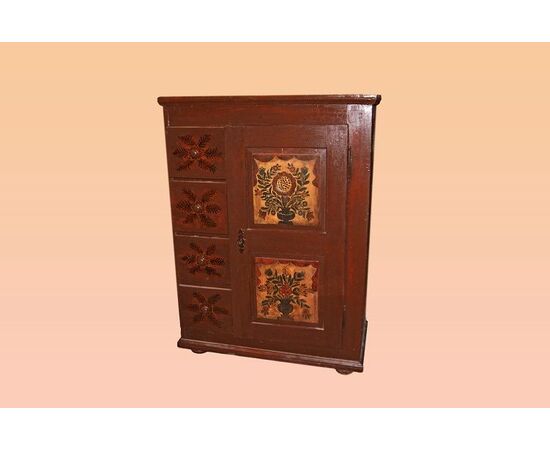 Tall Tyrolean Italian cupboard with 1 door and drawers with floral paintings