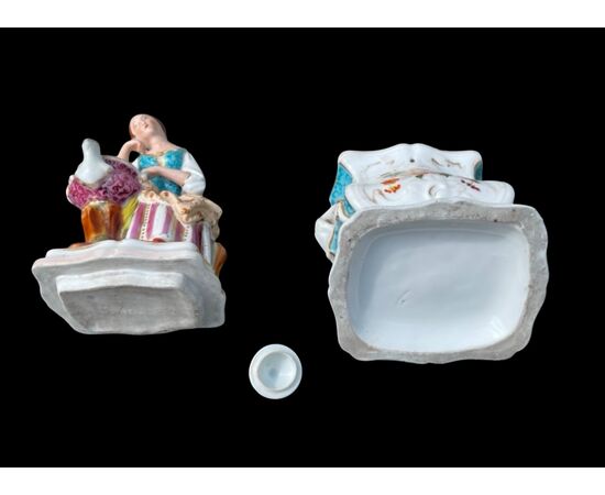 Figurative porcelain veilleuse with lady and floral decoration. France