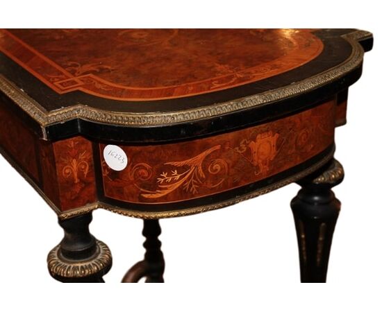 French Louis XVI style vanity in ebony and burr elm wood, richly inlaid