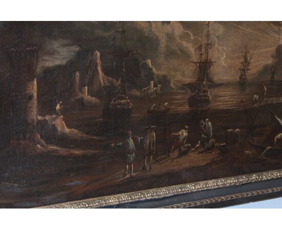 Dipinto Veduta portuale all ‘ Alba . Olio su tela XVII sec  Giovanni Grevenbroeck – Solfarolo . Mis 149 x 80