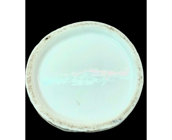 Polychrome porcelain veilleuse-teapoy depicting a lady with watering can. France