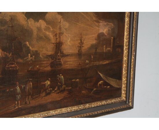 Dipinto Veduta portuale all ‘ Alba . Olio su tela XVII sec  Giovanni Grevenbroeck – Solfarolo . Mis 149 x 80
